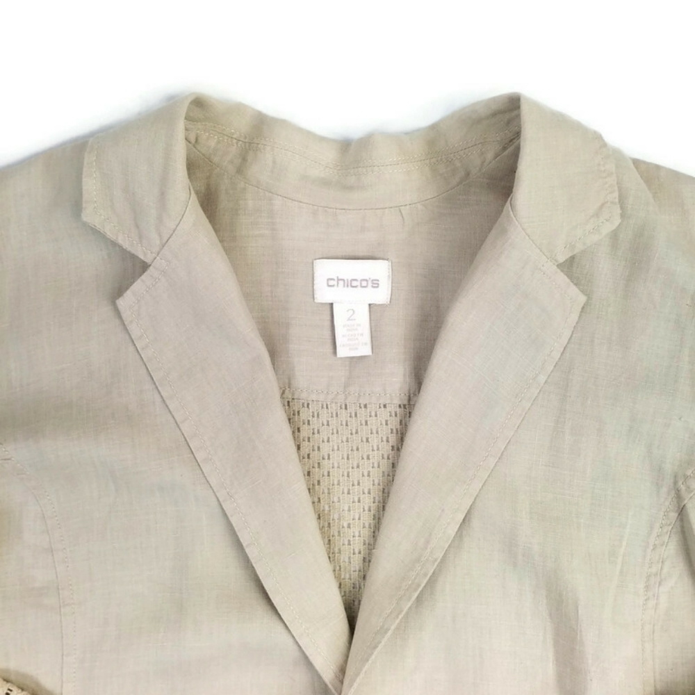 Chico's Tan Linen Open Front Long Perforated Sleeve Blazer Jacket Womens 2, US L - Picture 4 of 15